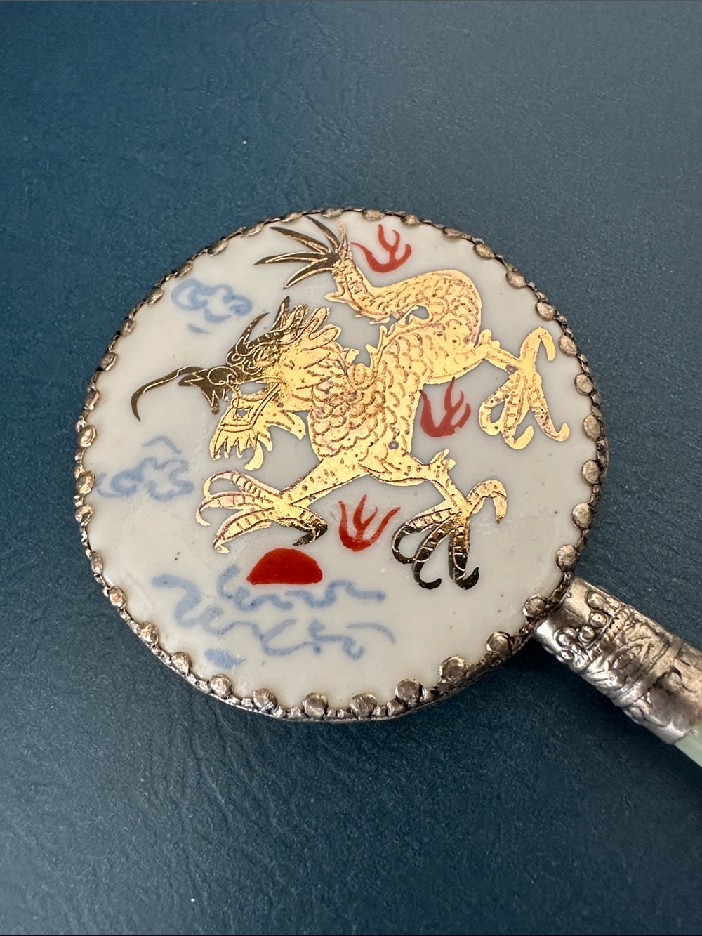 Vintage Chinese Hand Mirror with Jade Handle and Dragon Motif - Picture 2 of 6
